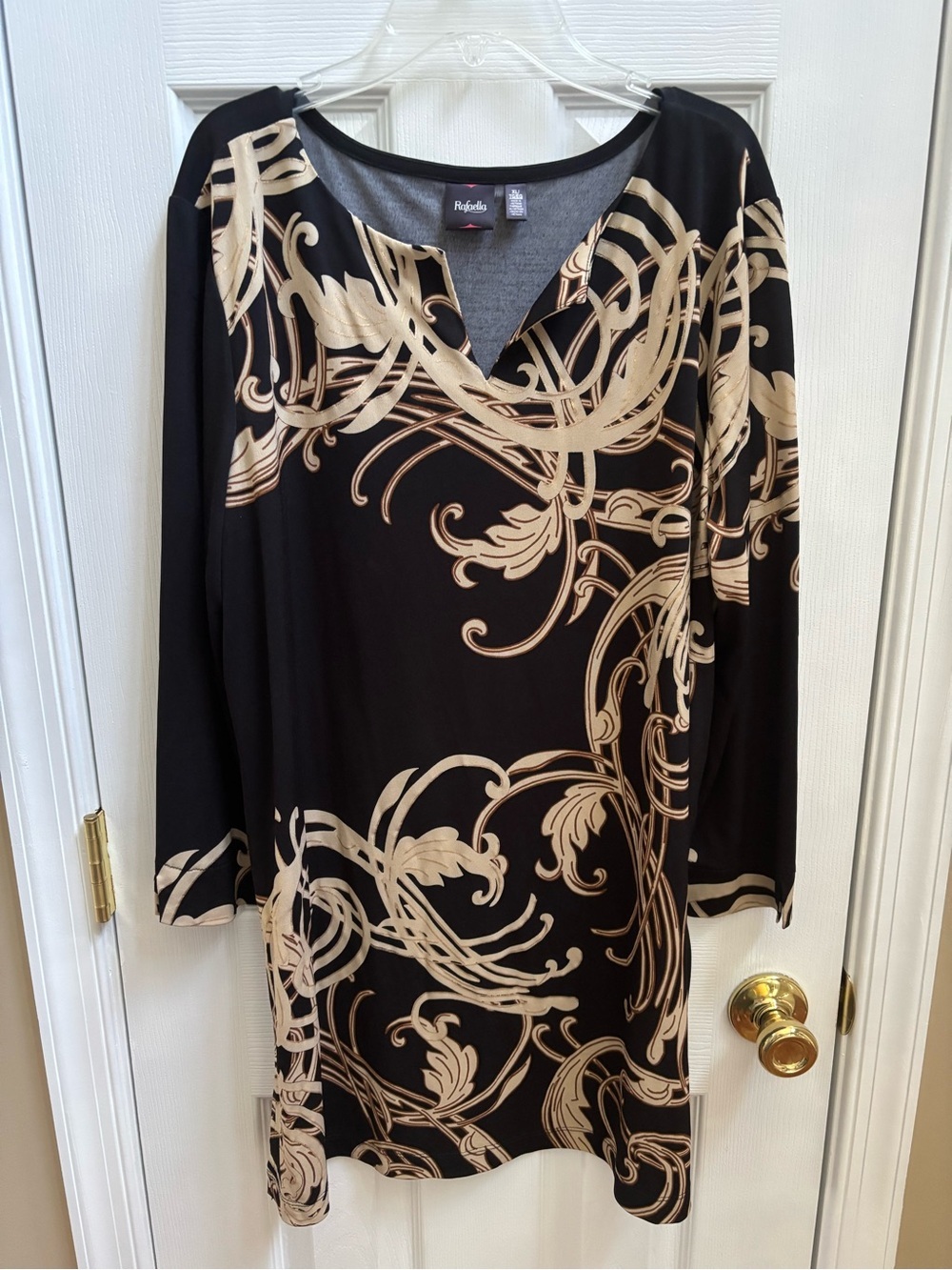 Rafaella Woman’s Black Tunic Top with Beige Scroll Print, Size XL, EUC